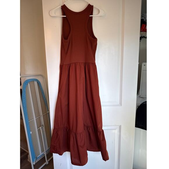GAP Mixed Media Ruffle Midi Dress M Rust Brown Ribbed Top Tiered Skirt EUC - Picture 3 of 6